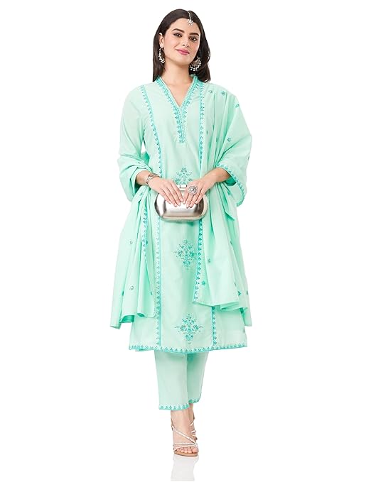 Amazon Brand - Myx Women's Embroidered Cotton Kurta Pant Set with Dupatta (Available in Plus Sizes)